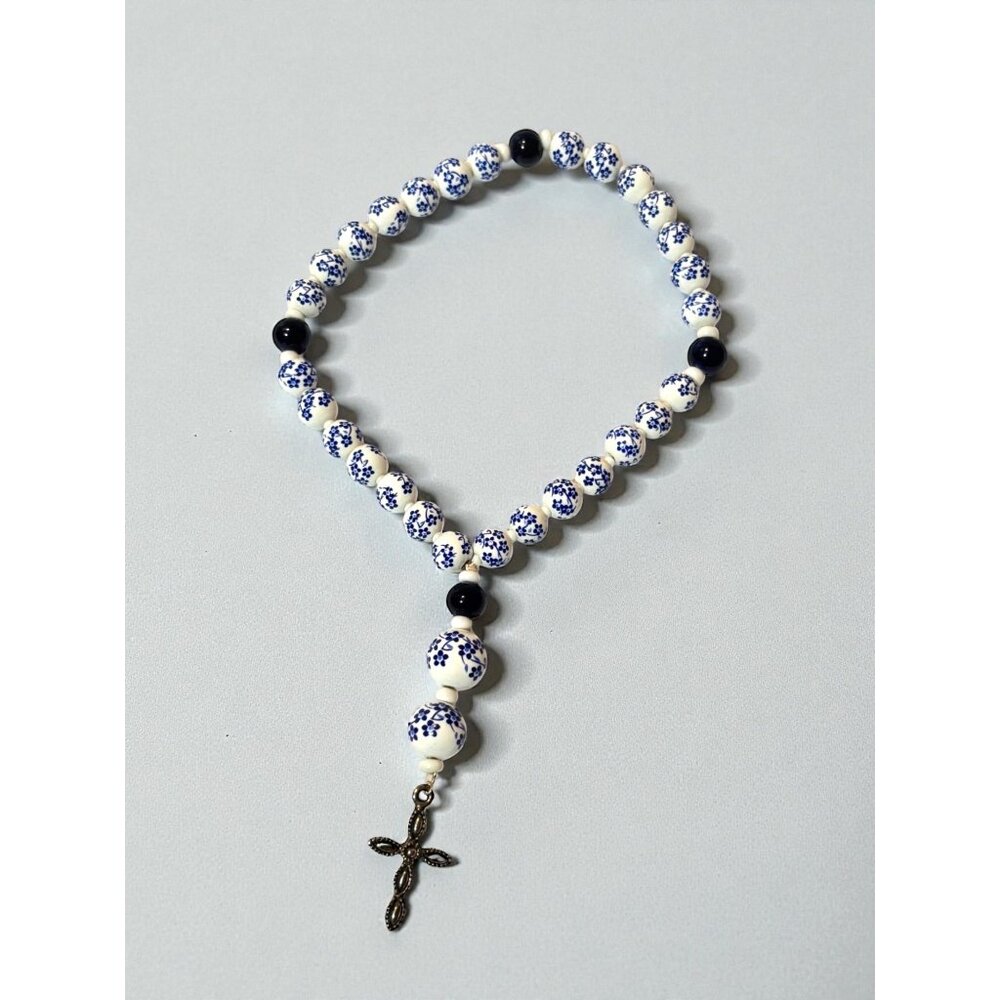 Vintage Blue & White Floral Ceramic Bead Rosary Bracelet With Silver-Tone Cross
